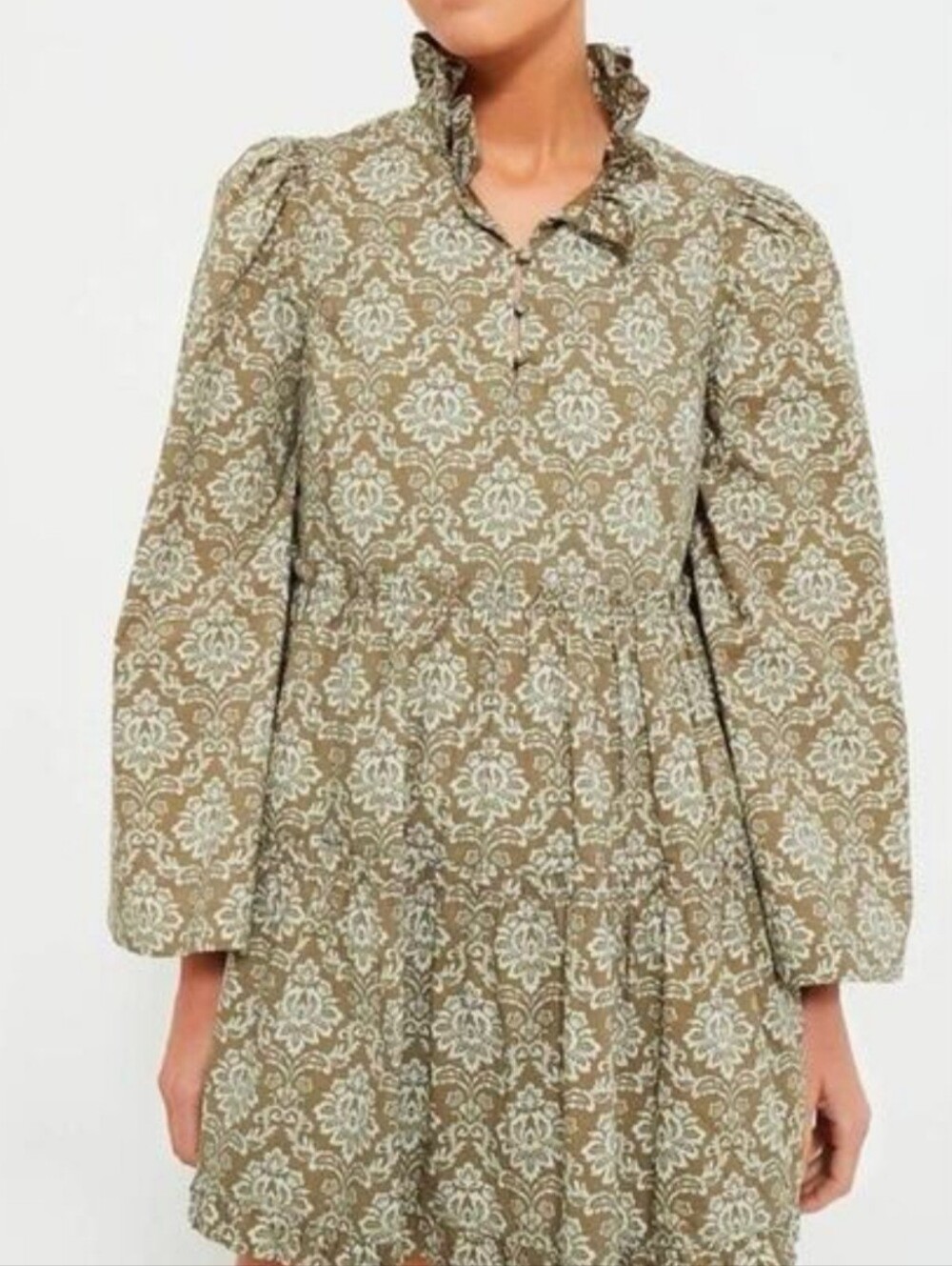 Printed Brown & Cream Long-Sleeve Tiered Jacket Dress